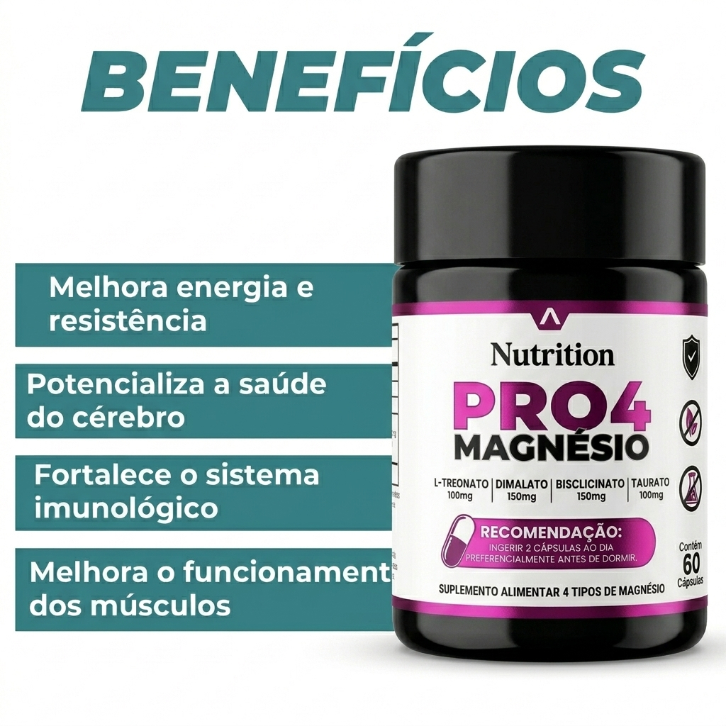 PRO4 Magnésio 4 em 1 - (Magnésio Treonato, Dimalato e Bisglicinato e Taurato) 60 Cps