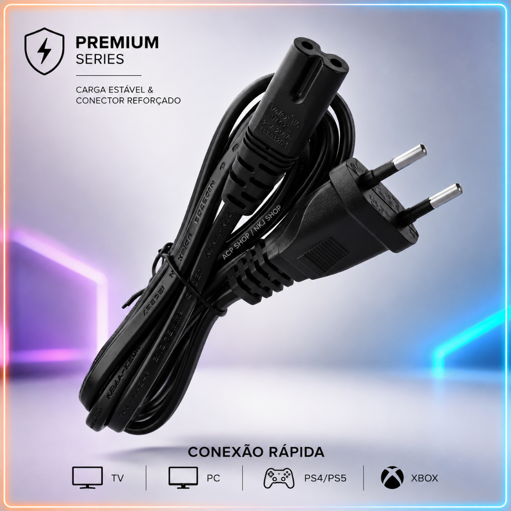 Cabo de Força Bipolar 2 Pinos 1,5m 10A Bivolt Para PS2 PS3 PS4 TV Rádio Som Vídeo Game Impressora