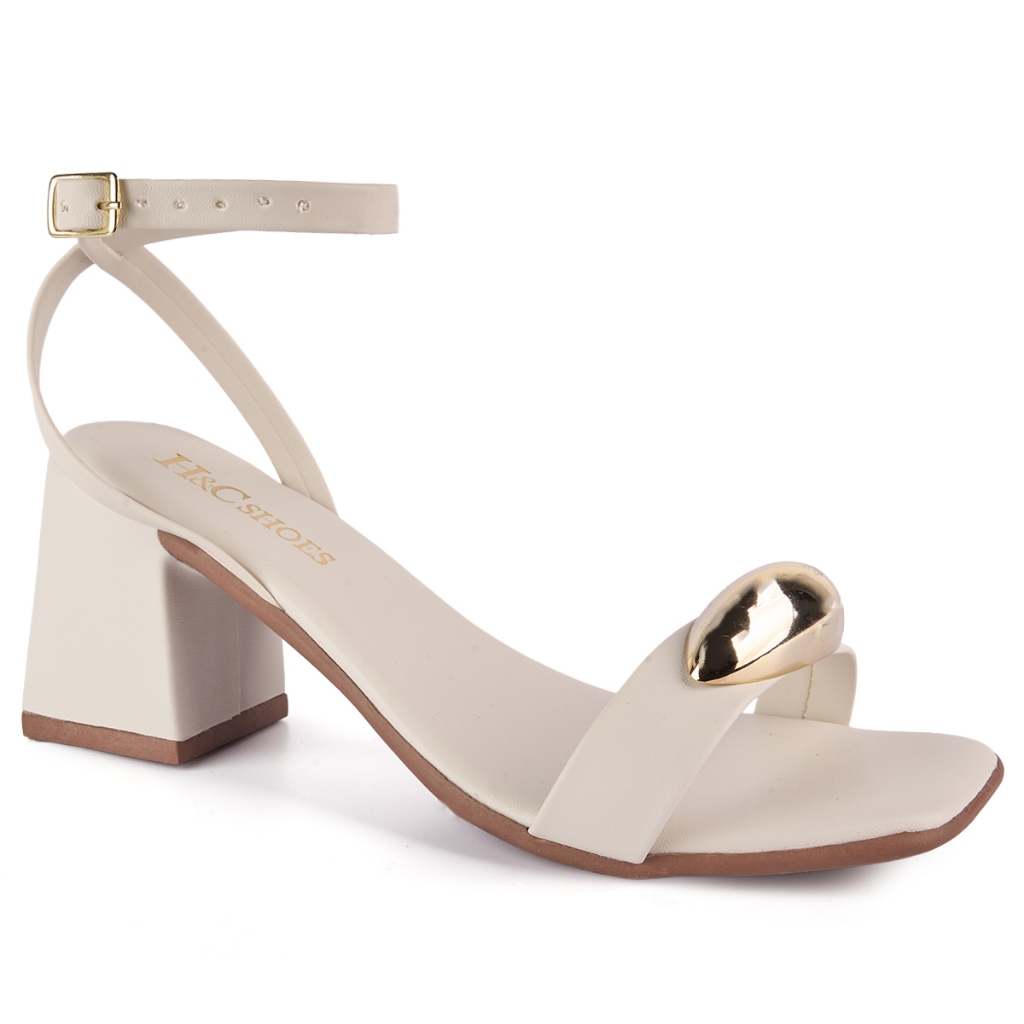 Sandalia Feminina Salto Bloco Salto Medio Grosso Saltinho Casual Enfeite ABS Lesma Dourado Tendencia