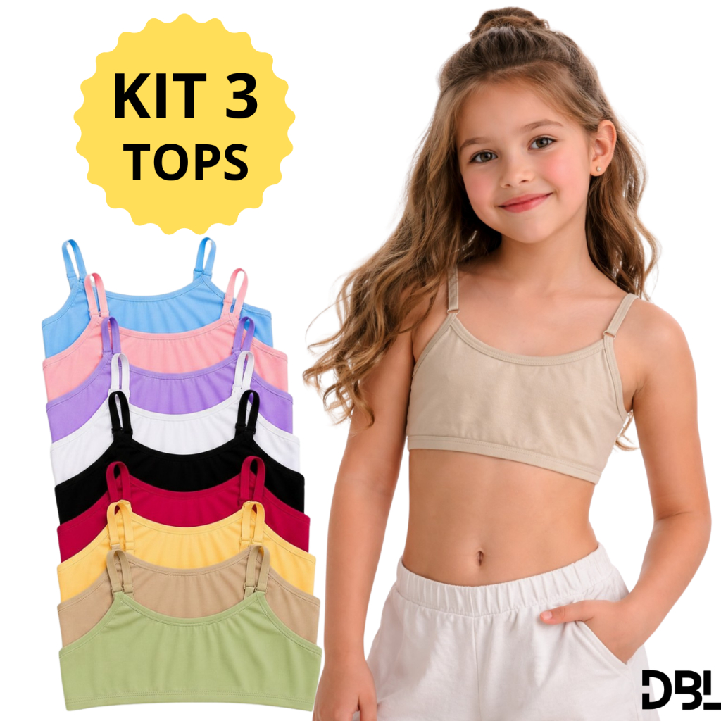 Kit 3 Top Infantil Juvenil Teen Menina Algodão Sutia Sem Bojo Alça Ajustavel Básico Usar Uniforme