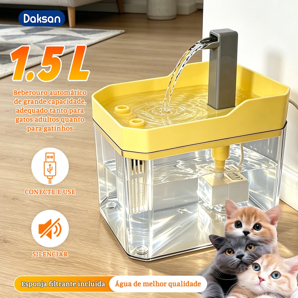 Bebedouro Automático para Gatos com Filtro, Circulação de Água e Bomba USB Silenciosa 1,5L