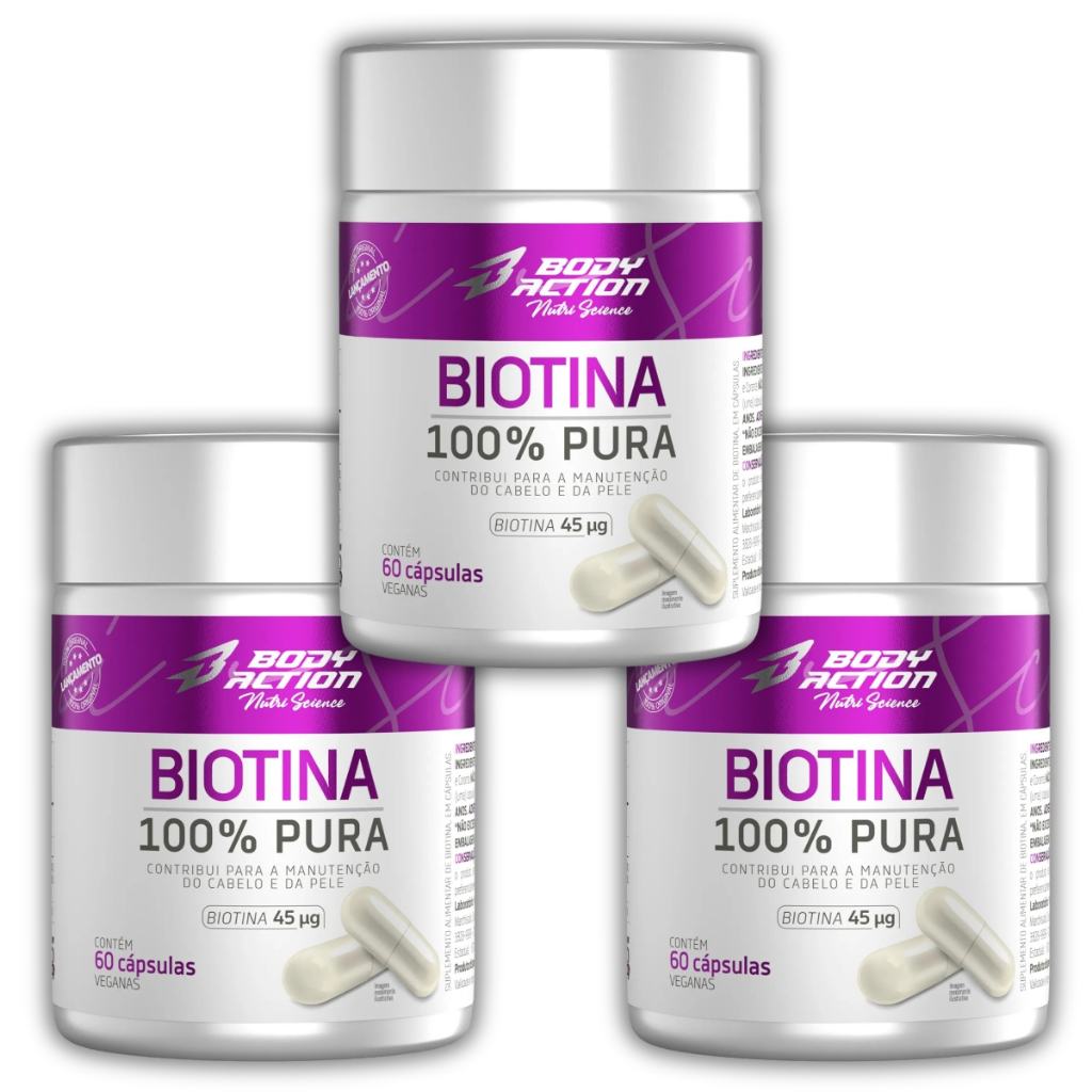 Kit 3x Biotina 100% Pura 60 Cápsulas Manutenção da Pele, Cabelo e Unha - Body Action
