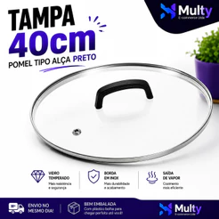 Tampa de vidro temperado 40cm, pomel preto, com saída de vapor e borda em aço inox