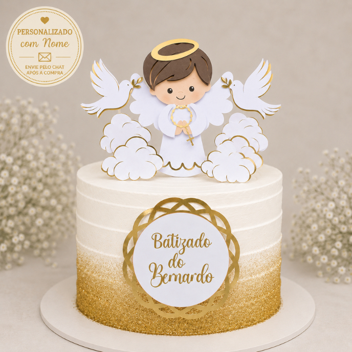 Topo de bolo Batizado Anjinho Personalizado Camadas 3D- Topper Batismo  Menino ou Menina Branco e Dourado