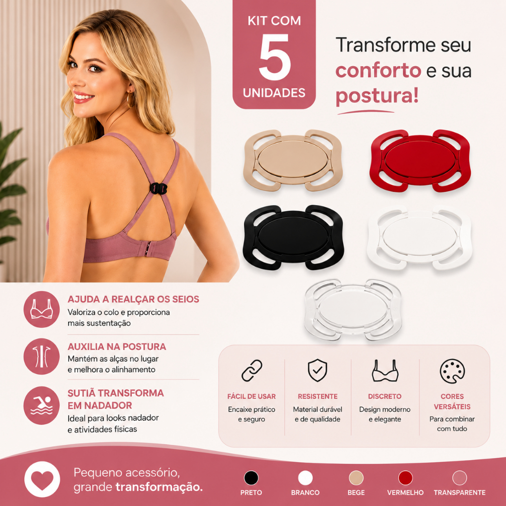 Clips Sutiã Esconde Alças Kit 5 Unidades e Realça Seios Kit Unificador Clipe Unificador
