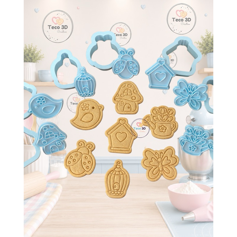 CORTADOR DE BISCOITO JARDIM ENCANTADO 5 CM + CARIMBO CASINHA REGADOR JOANINHA GAIOLA BORBOLETA PASSARINHO COGUMELO MASSA