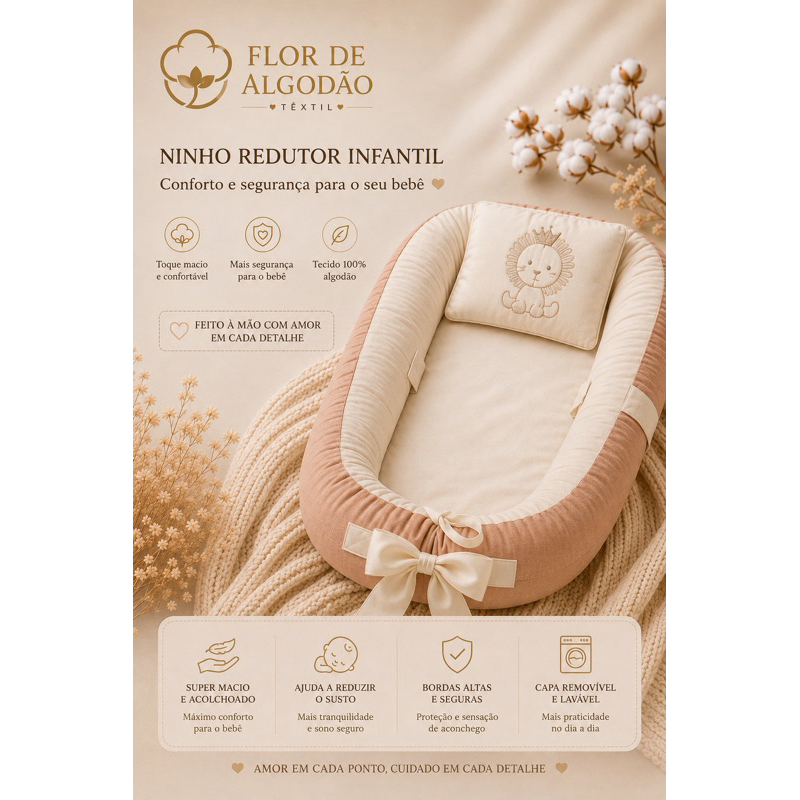 Ninho redutor de berço bordado safari leaozinho ergonomico super macio luxo bordado leao