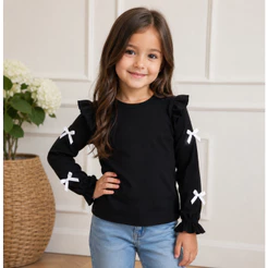 blusa infantil feminina manga longa com detalhes de laços , tecido malha rivana canelada premium