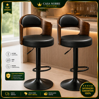 Banco De Bar Ajustável Giro 360°, Encosto Madeira, Assento Couro, Base Metálica Para Cozinha E Bancada