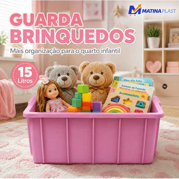 Caixa Guarda Brinquedos Infantil Rosa 15L Organizadora Quarto Menina