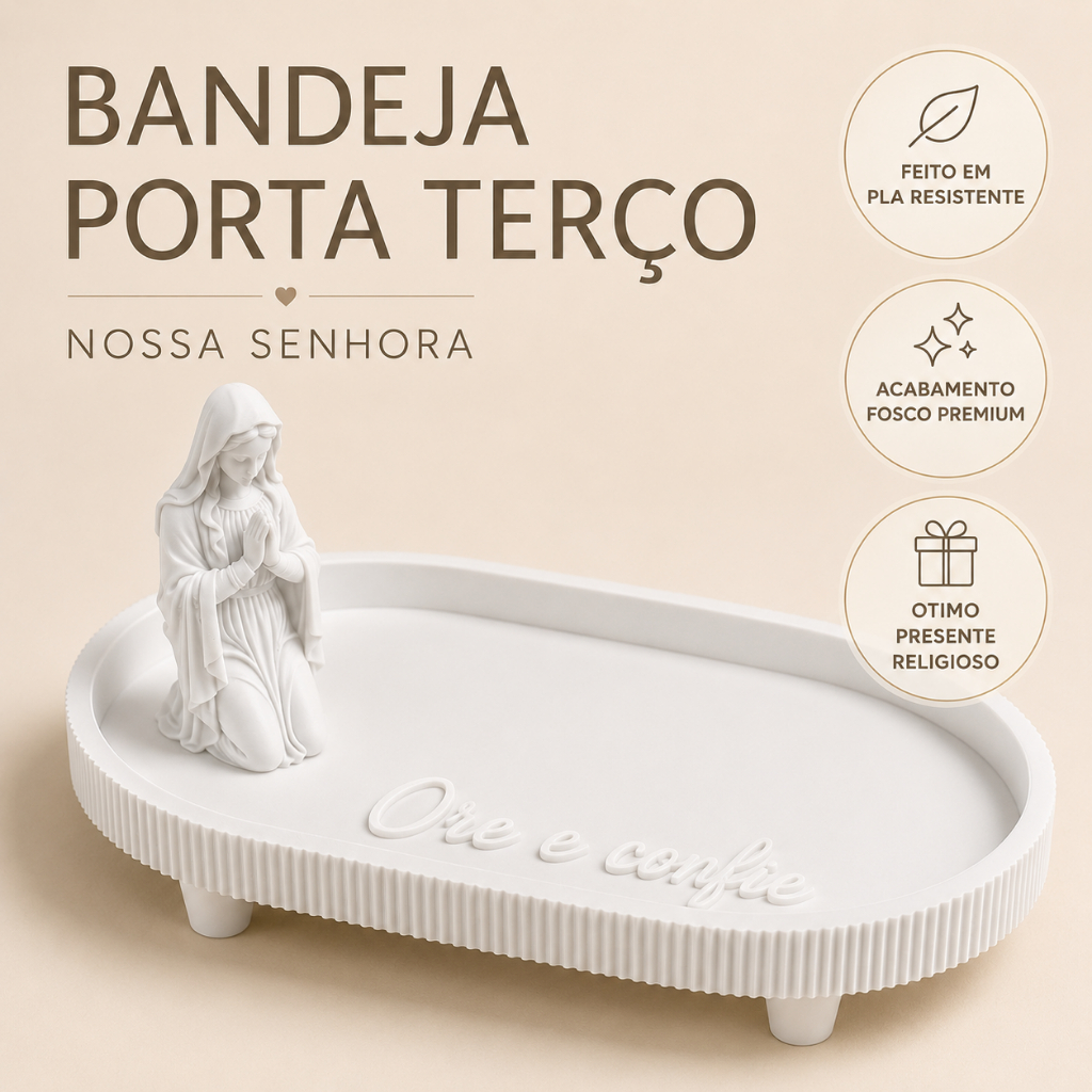 Bandeja Decorativa Porta Terço Nossa Senhora Católica Ore e Confie Presente Religioso Oração Fé