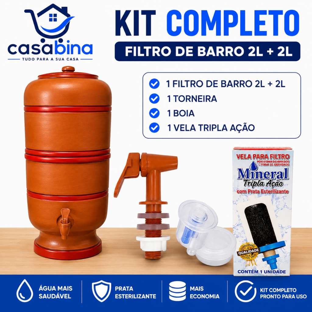 Filtro de Barro Completo 2 Litros + 2 Litros com Vela Tripla, Boia e Torneira