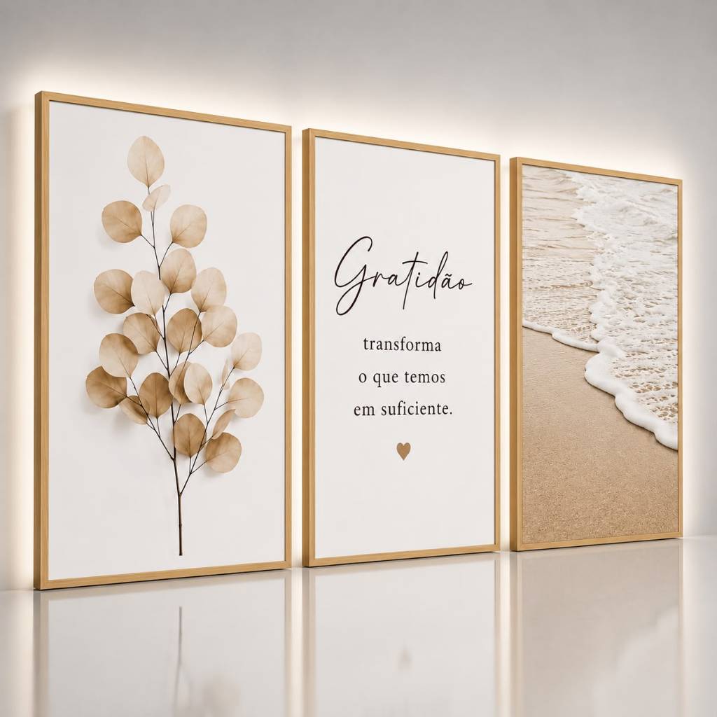 Quadro Decorativo Trio Gratidão Transforma o Que Temos em Suficiente Boho Praia Sala Quarto