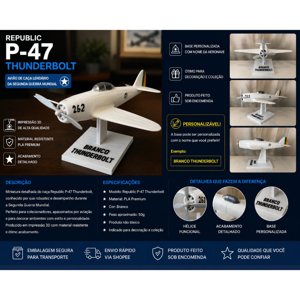 Miniatura Avião P-47 Thunderbolt 3D Personalizável THUNDERBOLT