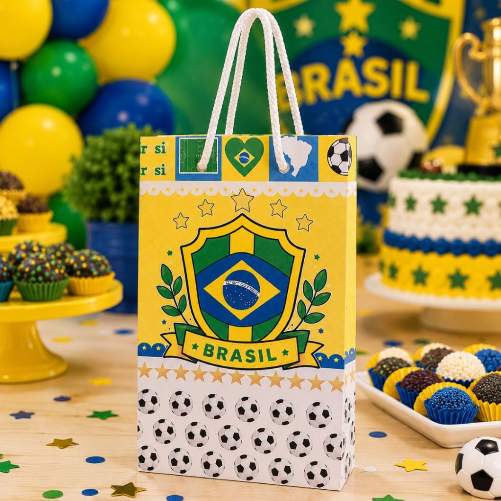 Mini Sacolinhas Pequenas  Lembrancinhas Personalizadas Brasil Copa do Mundo Hexa 2026 Futebol PEGUE MONTE 16,6x3,4x10cm