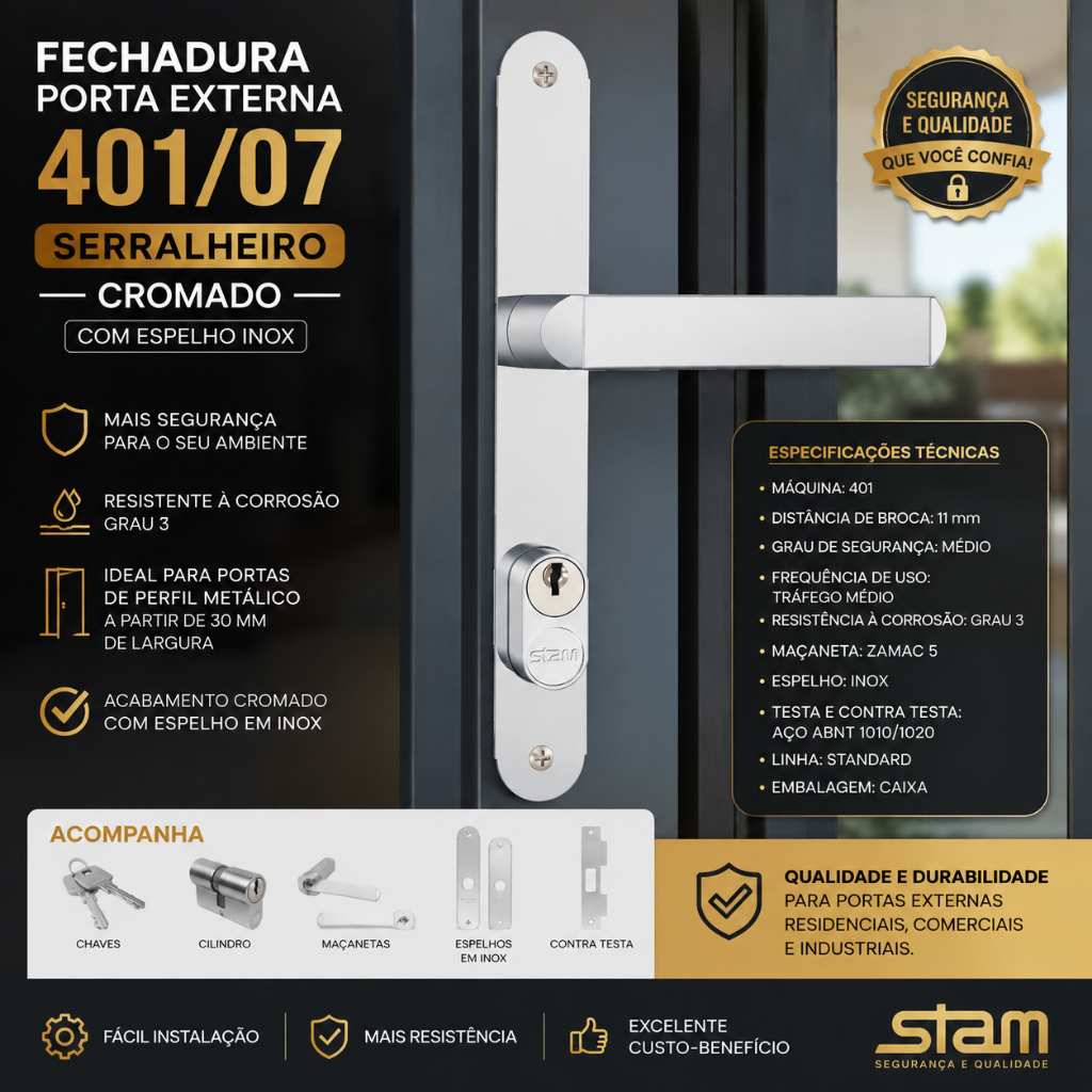 Fechadura Porta Externa Serralheiro 401/07 Cromado Espelho de Inox Stam