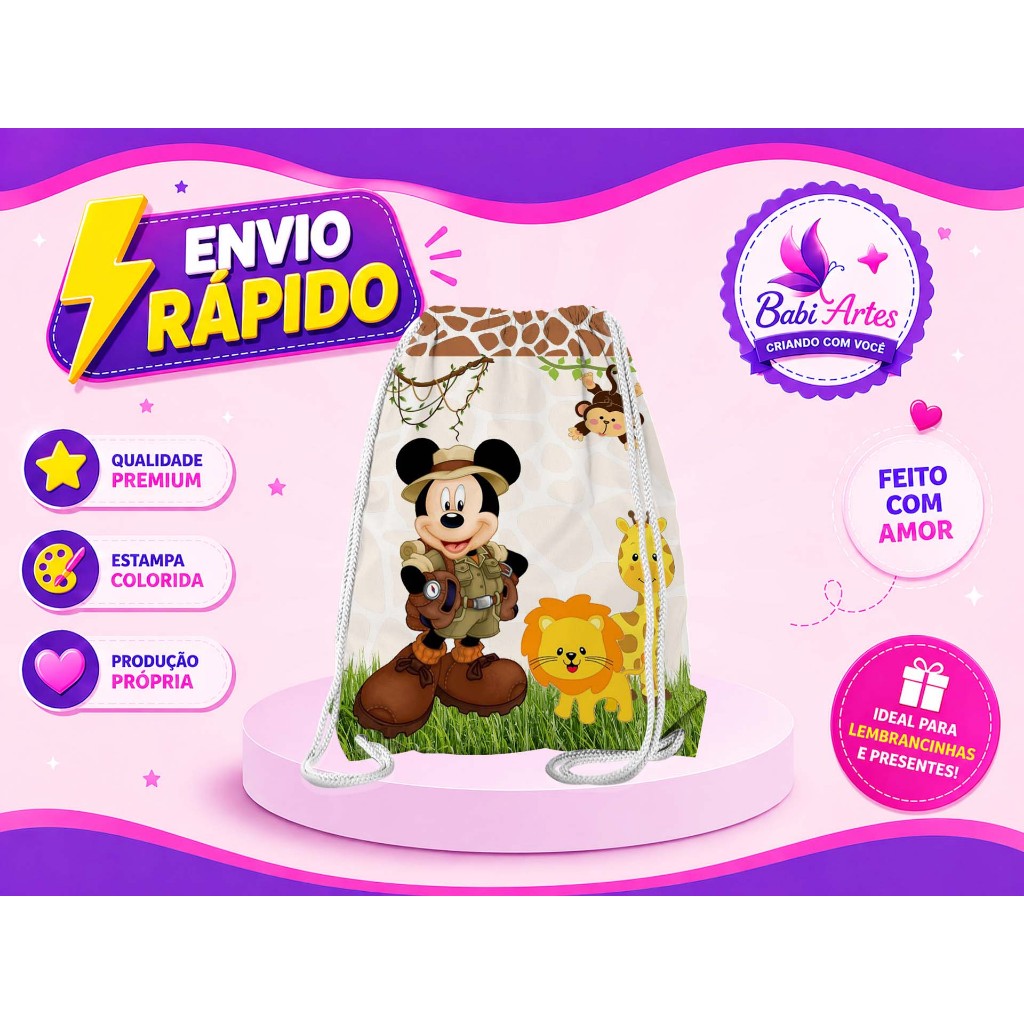 Mochilinha Saco Mickey Safari Festa Aniversário Lembrancinha Saquinho Infantil Envio Rápido