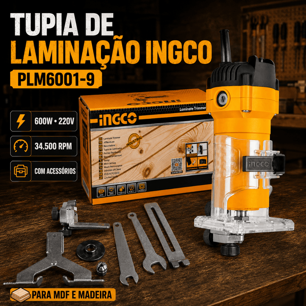 Tupia Laminadora INGCO 600W 220V PLM6001-9 para Madeira Bordas Ranhuras MDF C/ Acessórios