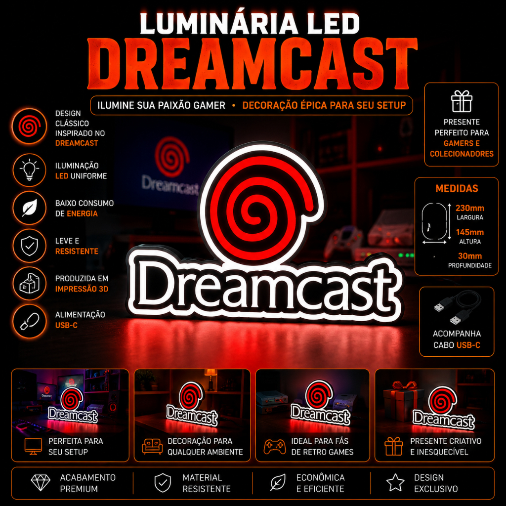 Luminária LED Dreamcast USB-C | Decoração Gamer Retrô Sega | Impressão 3DLuminária LED Dreamcast USB-C | Decoração Gamer