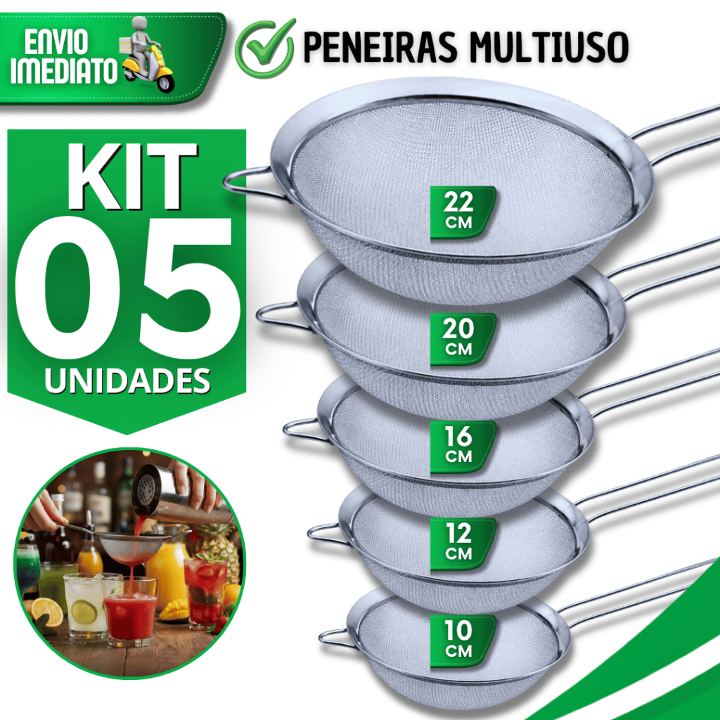 Kit Peneira Aço Inox Profissional 22,20,16,12,10cm Reforçada Coador Farinha Confeitaria Utensílios