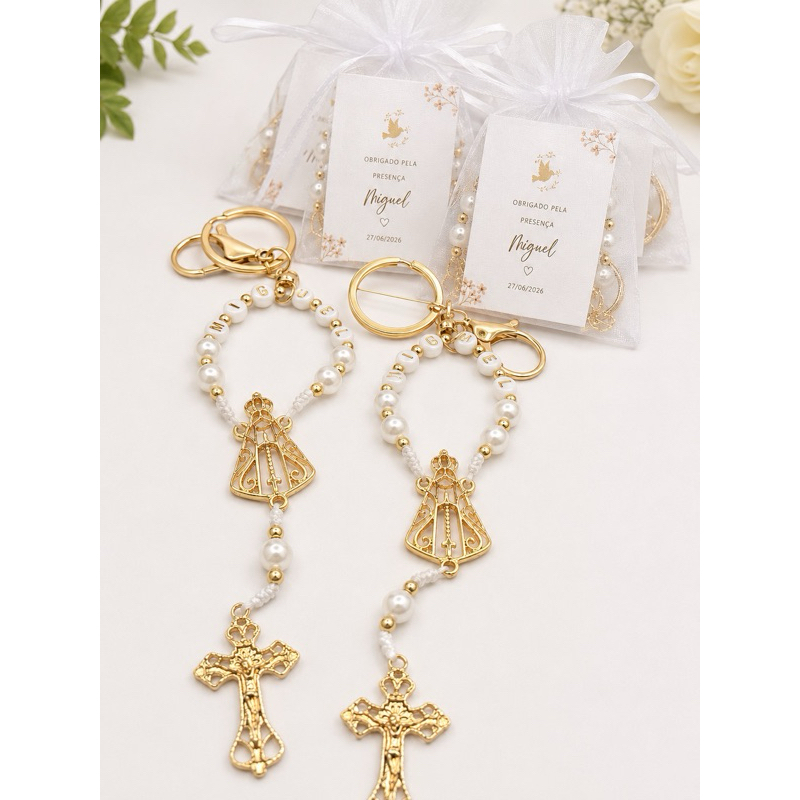 10 Lembrancinha de Batizado Personalizada com Nome | Mini Terço Chaveiro Nossa Senhora