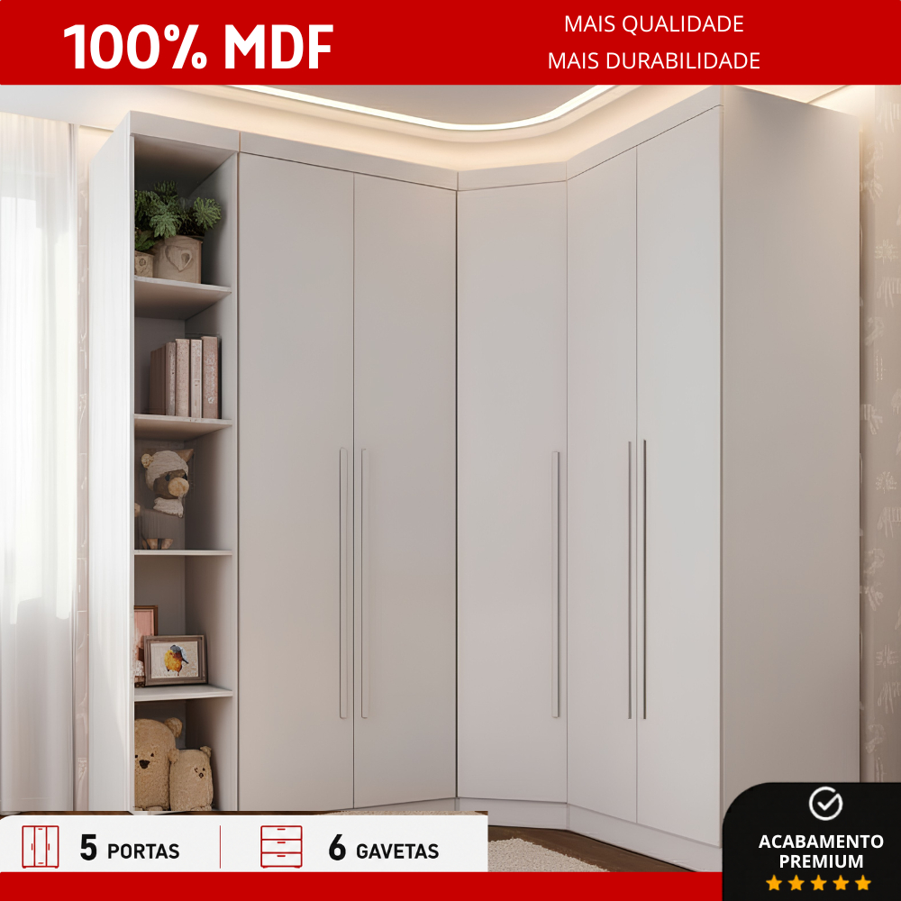 Guarda Roupa Modulado Casal Safira 009 em MDF Com 5 Portas e 6 Gavetas Una Mobília