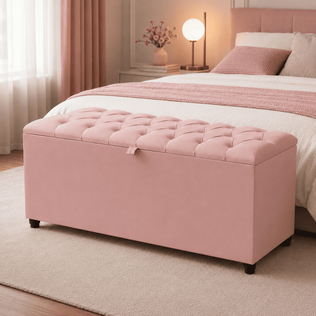 Baú Puff Recamier 80cm Banco Multiuso Organizador Sapateira Espaçosa Acabamento Sofisticado Premium Luxo Cor Rosa
