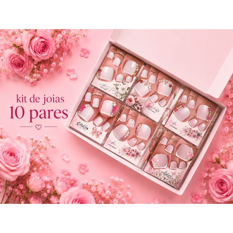 kit 10 pares de joias para os pés colorido com caviar dourado e prata
