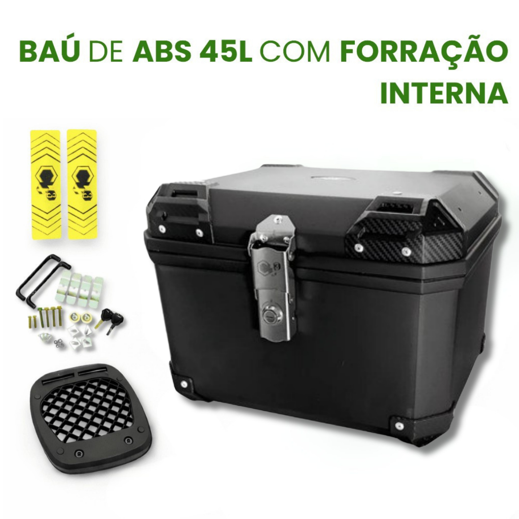 BAÚ BAULETO PLASTICO ABS TRASEIRO 45L UNIVERSAL PRETO FORRADO UNIVERSAL PARA TODAS AS MOTOS