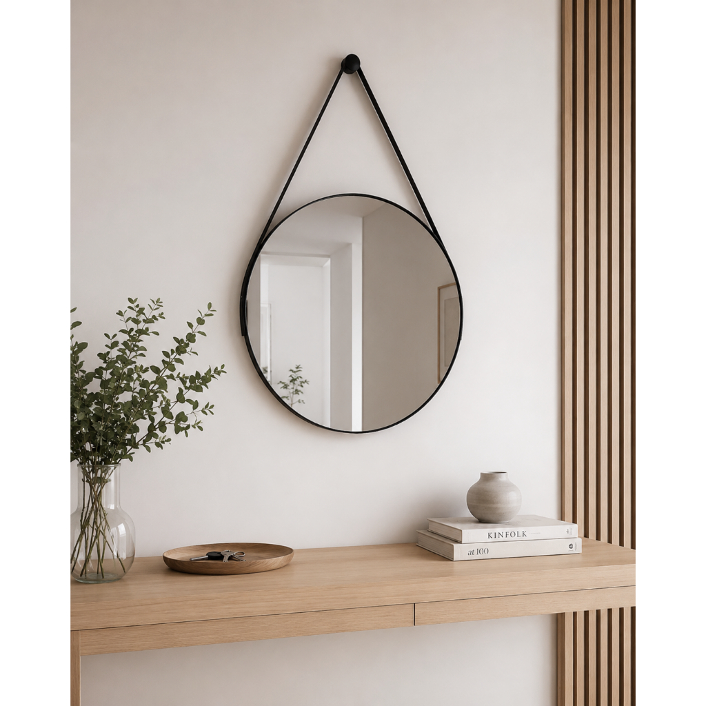 Espelho Decorativo Redondo Adnet 40cm com Alça de Couro Ecológico e Suporte Banheiros Sala Quarto