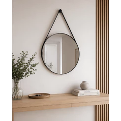 Espelho Decorativo Redondo Adnet 40cm com Alça de Couro Ecológico e Suporte Banheiros Sala Quarto