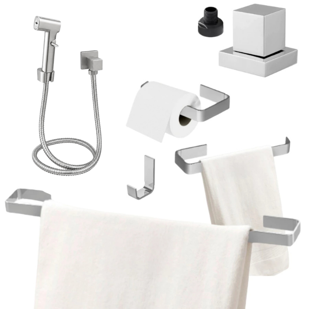 Kit Acessórios Banheiro 4 peças + Ducha Higiênica Cromada + Acabamento de Regist