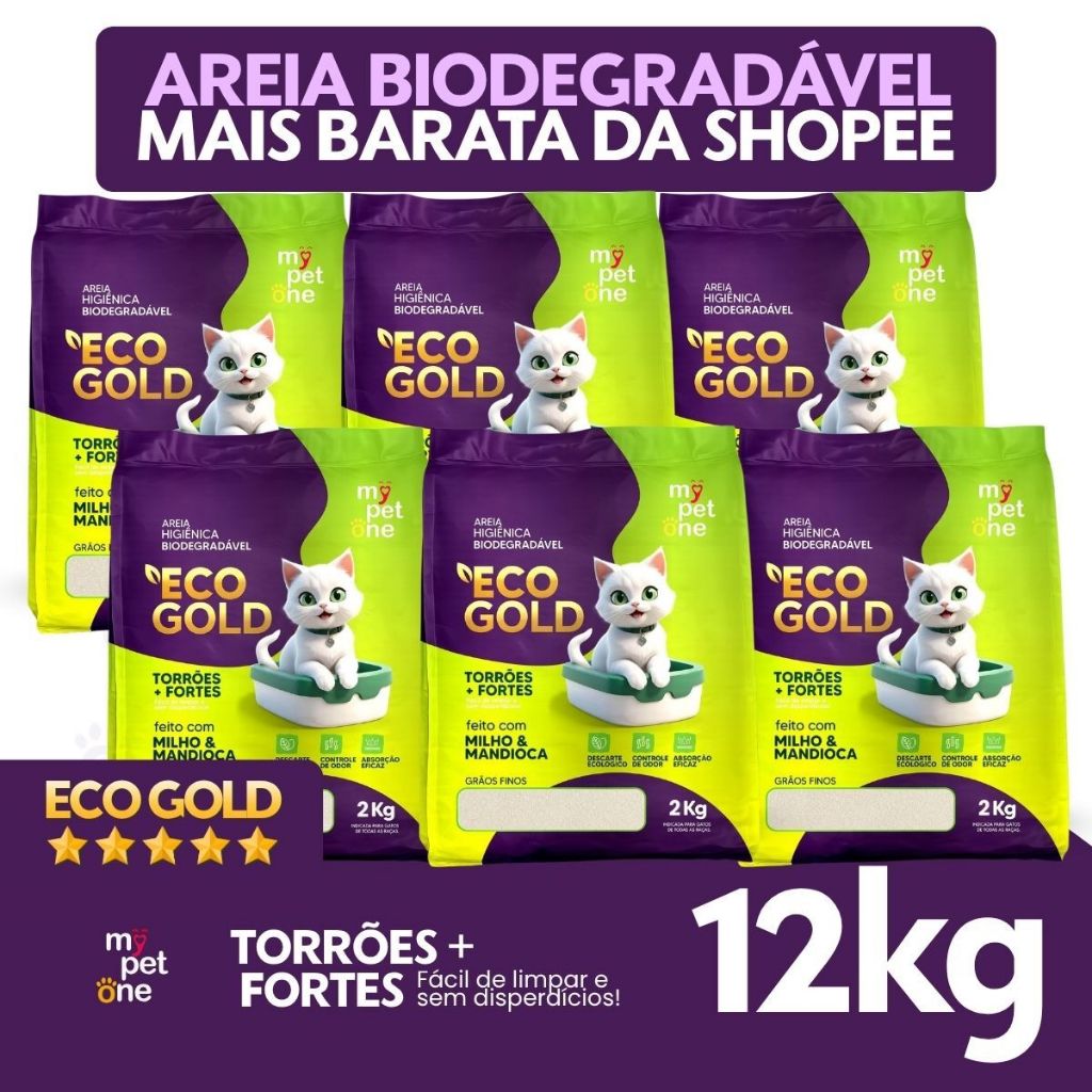 Kit 6 Areia Biodegradável Gatos Eco Gold Fina MyPetOne - 12Kg