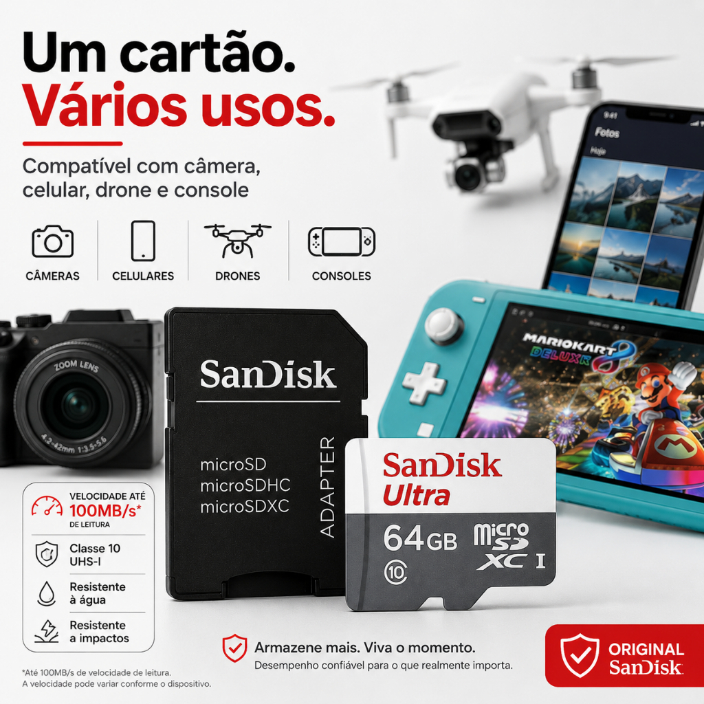 Cartão de Memória 64GB MicroSD Classe 10 Adaptador SD Alta Velocidade Para Celular Câmera Segurança Drone 128gb 16gb