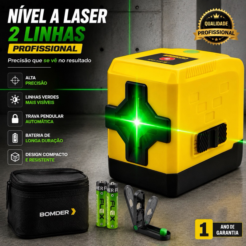 Nível a Laser 2 Linhas Verde Profissional Horizontal Vertical Auto Nivelante + Suporte + Bolsa + Pilhas