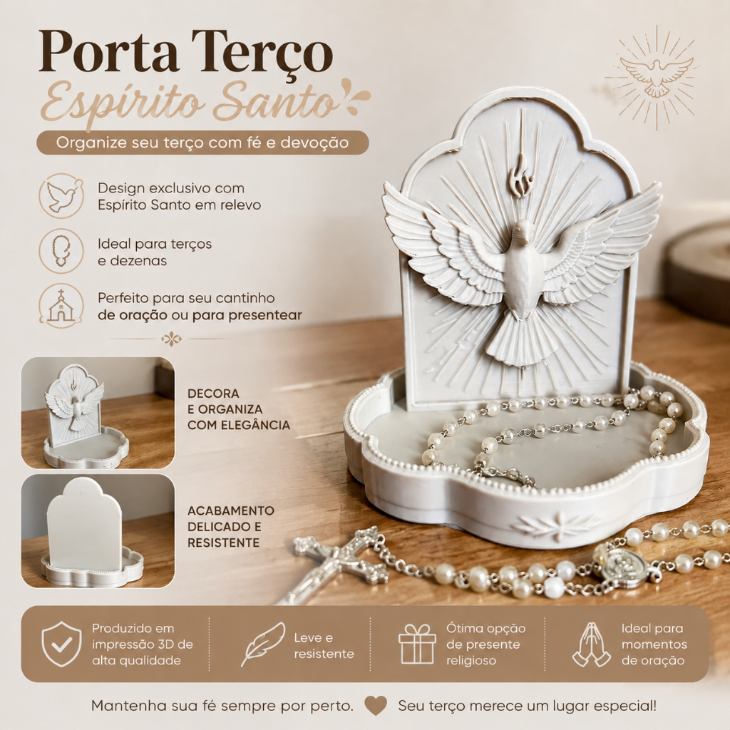 Porta Terço Espírito Santo Católico Decorativo | Organizador de Terços, Correntes e Joias | Decoração Religiosa.