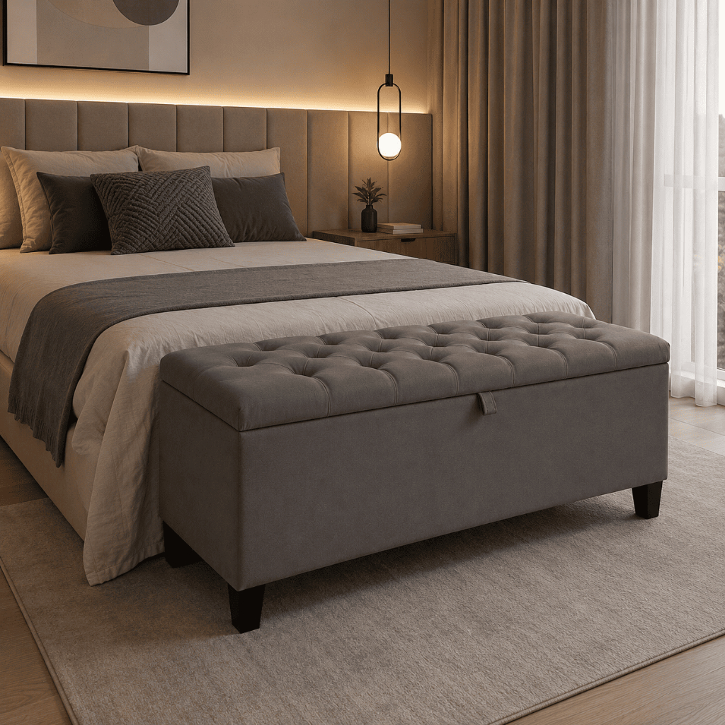 Banco Baú Puff Recamier 120cm Organizador Multiuso Guarda Brinquedos Enxoval Almofadas E Cobertores Envio Full Cor Cinza
