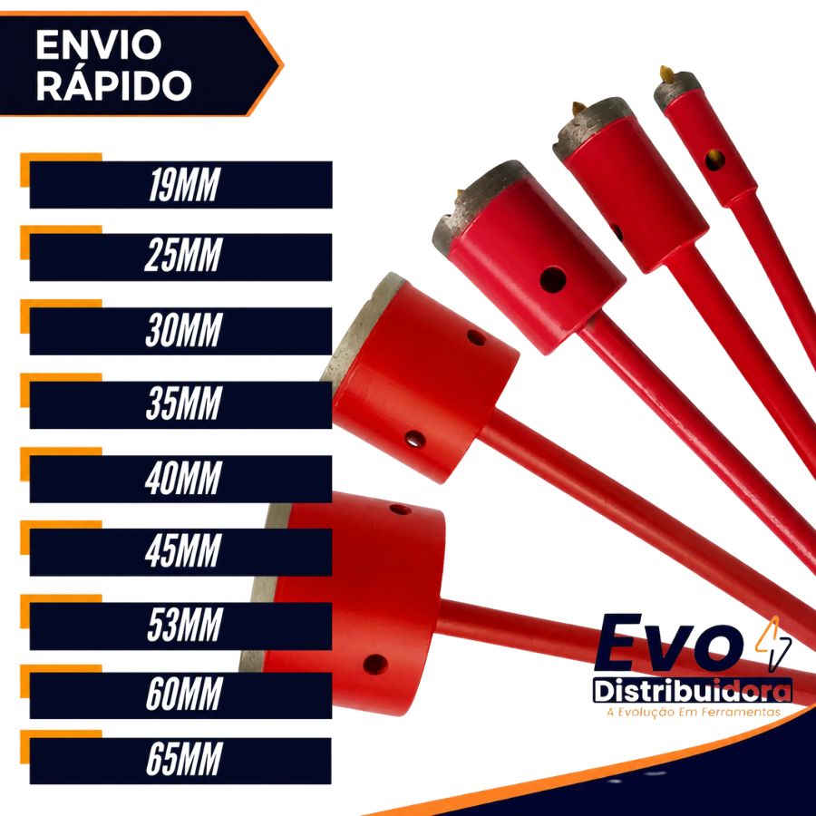 Broca Serra Copo Diamantada Para Concreto 19mm 25mm 30mm 35mm 40mm 45mm 53mm 60mm 65mm Profissional