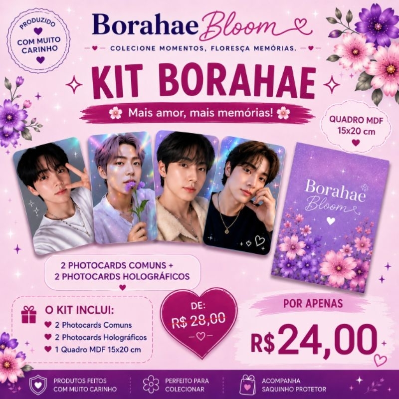 Kit Borahae Personalizado | 4 Photocards + Quadro MDF 15x20 | K-pop, BTS, Stray Kids, TXT, Ateez, Twice, Red Velvet