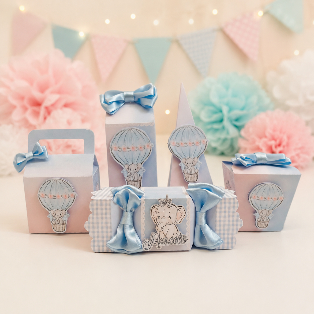 Kit Festa Elefantinho Azul Lembrancinhas Personalizadas Caixinhas Para Doces Aniversário Infantil Chá de Bebê