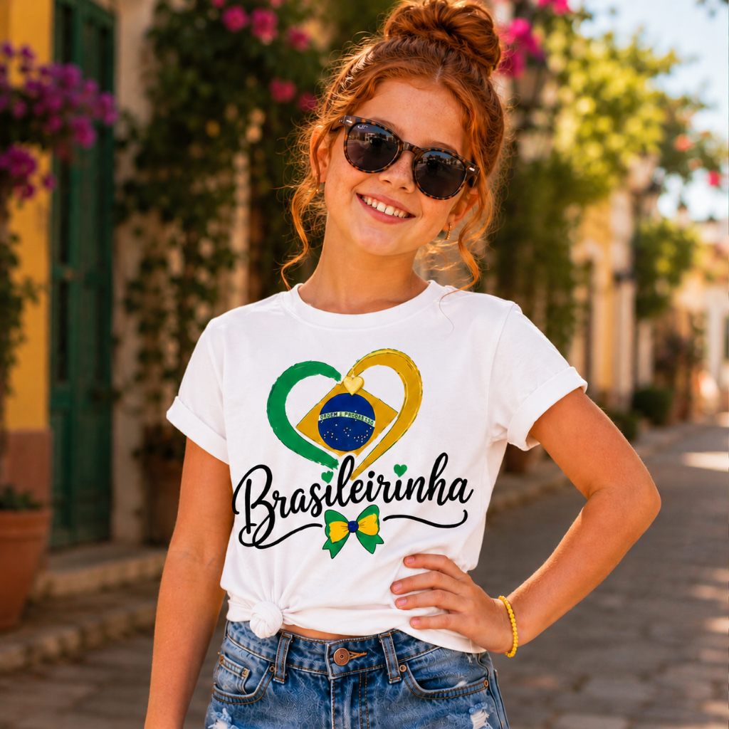 Camiseta Brasileirinha Feminina Estilosa Estampada BR Dry Fit Branca Brasil Copa Infantil