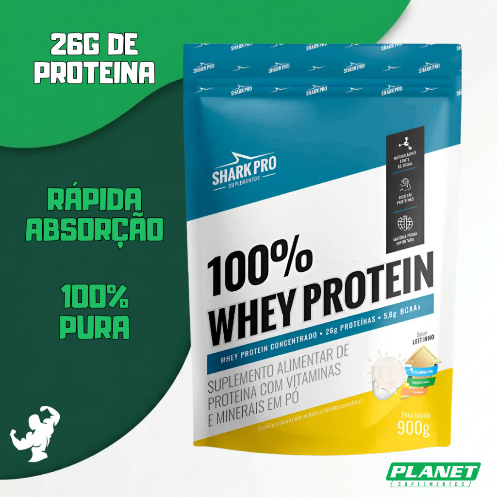 100% Whey Refil 900g Shark Pro Proteína Concentrada Ganho Massa Recuperação Pós Treino Original