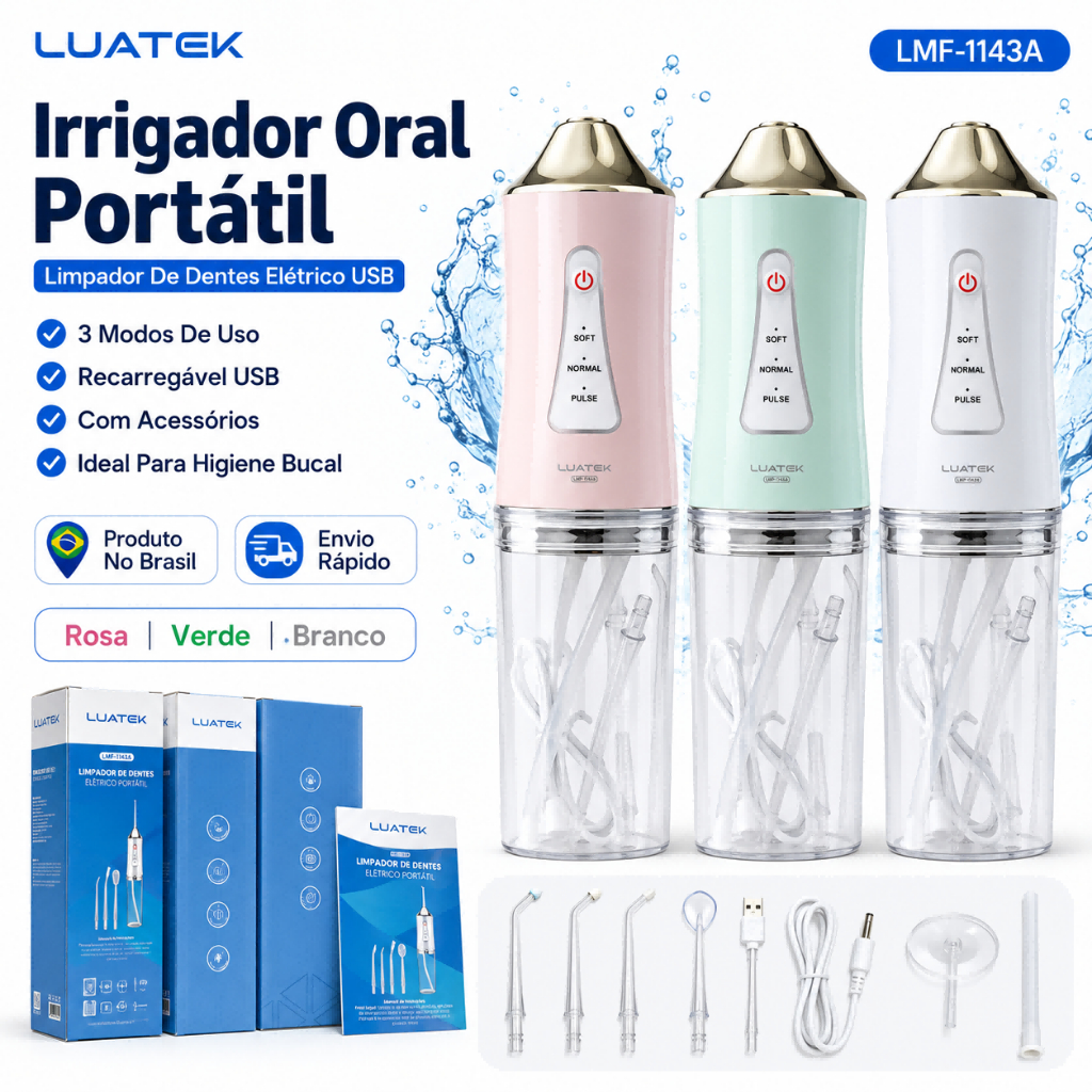 Irrigador Oral Portátil Luatek Limpador De Dentes Elétrico USB Recarregável 3 Modos Com Acessórios
