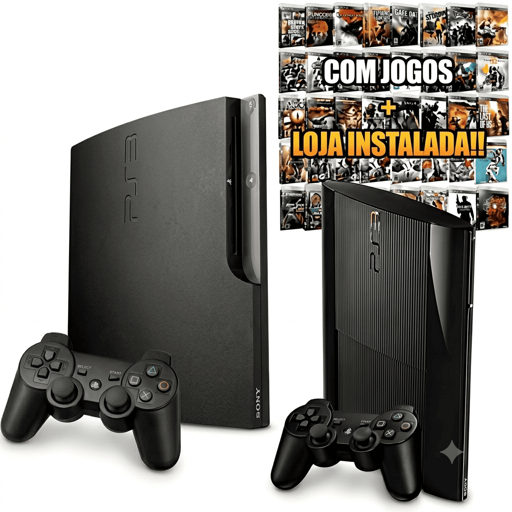 PS3 Slim - Super Slim Desbloqueado Hen Completo + 4000 Jogos + 2 Controles