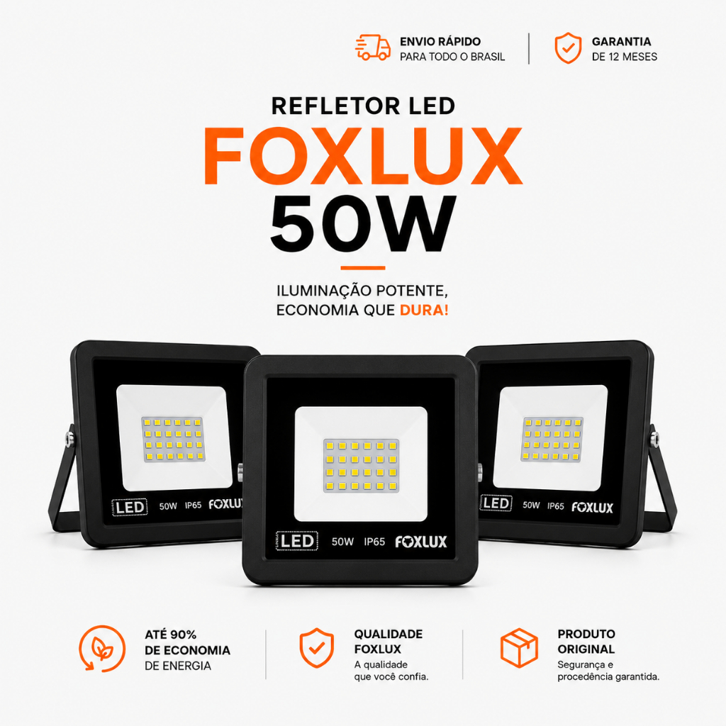 Refletor de LED Frio Refletor de LED Forte Foxlux Holofote de LED Bivolt Refletor LED 50W 6500K