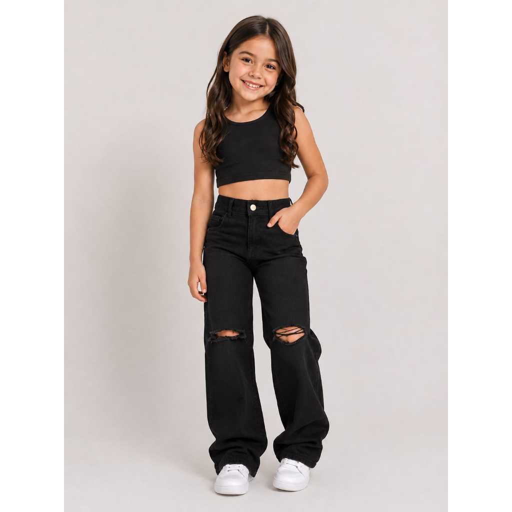 Calça Jeans Wide Leg Rasgada Juvenil