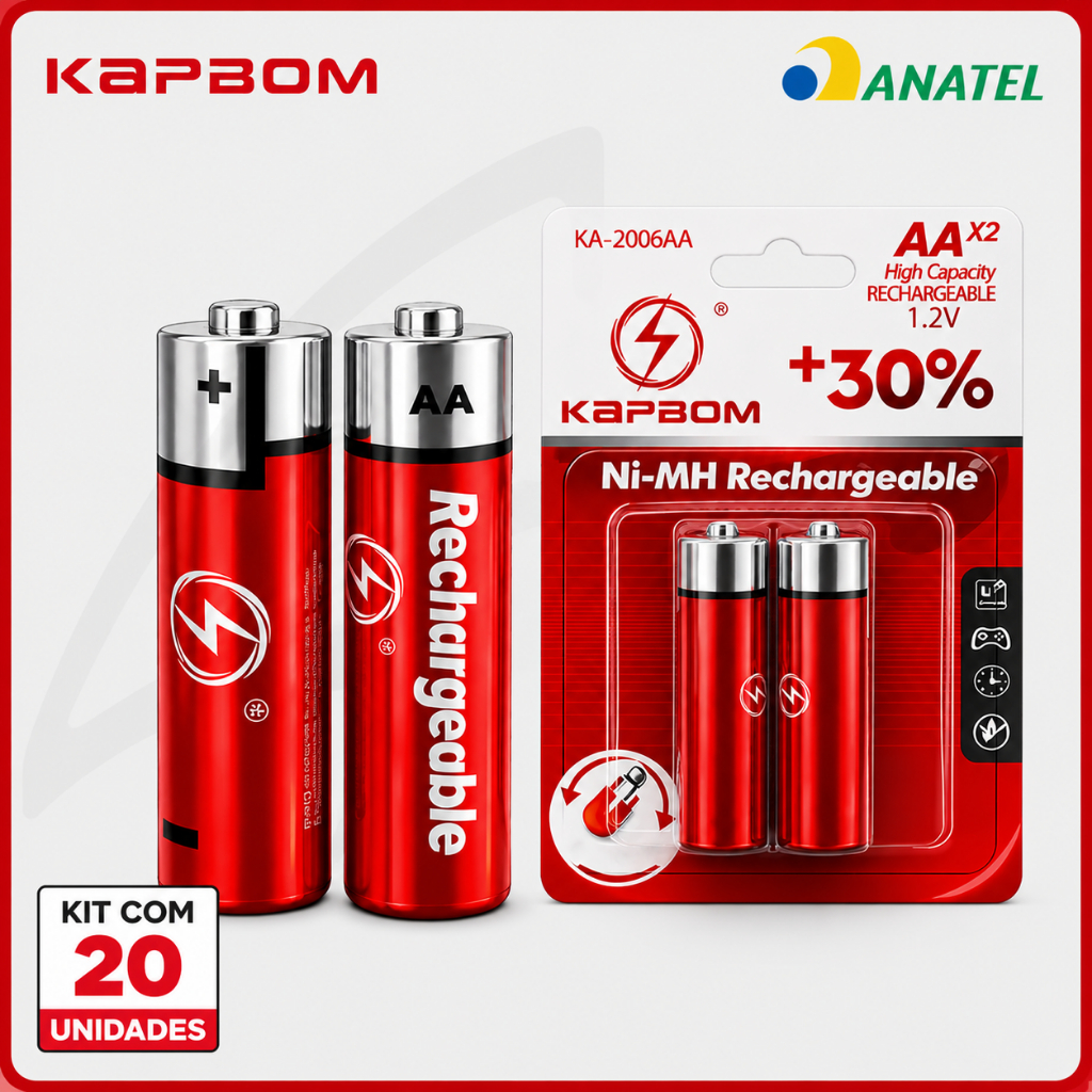 Kit 20 Pilhas Recarregáveis AAA ou AA 1800mAh 1.2V Ni-MH Kapbom