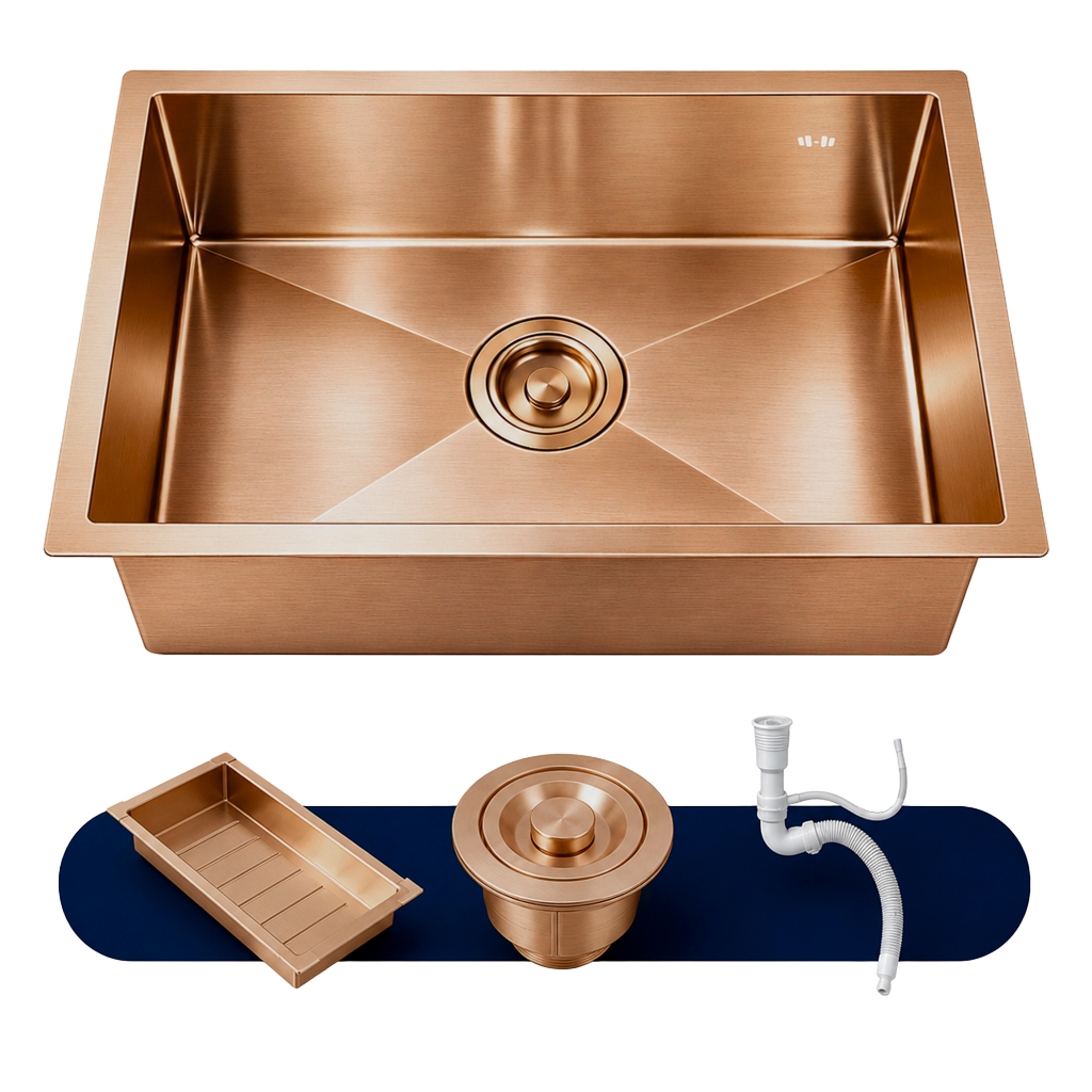 Cuba Gourmet de Cozinha Quadrada 50x40 Completa Escorredor e Ralo Aço Inox 304 Escovado Rose