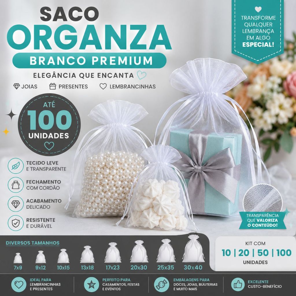 Saquinho De Organza Branco Para Lembrancinha Presente Joias Casamento Embalagem Diversos tamanhos CH