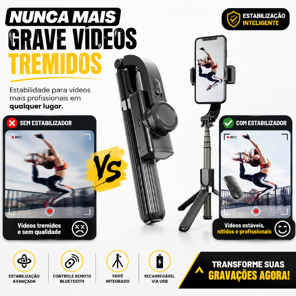 Gimbal Estabilizador Celular Com Tripé Controle Bluetooth Pau Selfie Extensível 86cm Recarregável